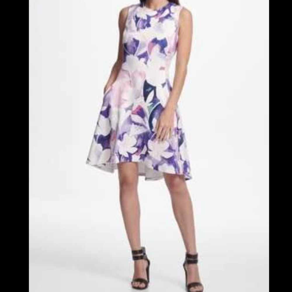 DKNY Womens Purple Floral Fit And Flare Dress Sz 4